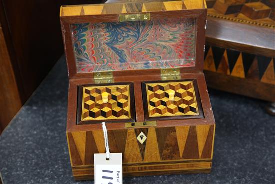 An early 19th century Tunbridge ware Vandyke marquetry sewing box and similar tea caddy, 13in.